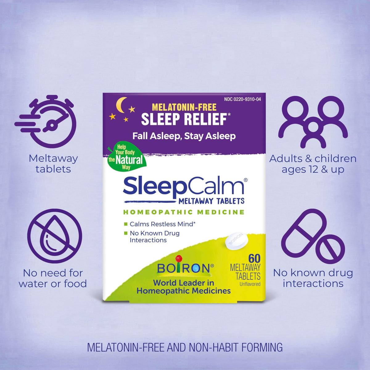 Boiron SleepCalm unflavored non habit forming tablets box detail