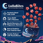 LullaBites vegan star shaped strawberry gummies poured out next to the packaging