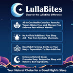 LullaBites sugar free sleep aid tin container displaying gluten free and halal badges