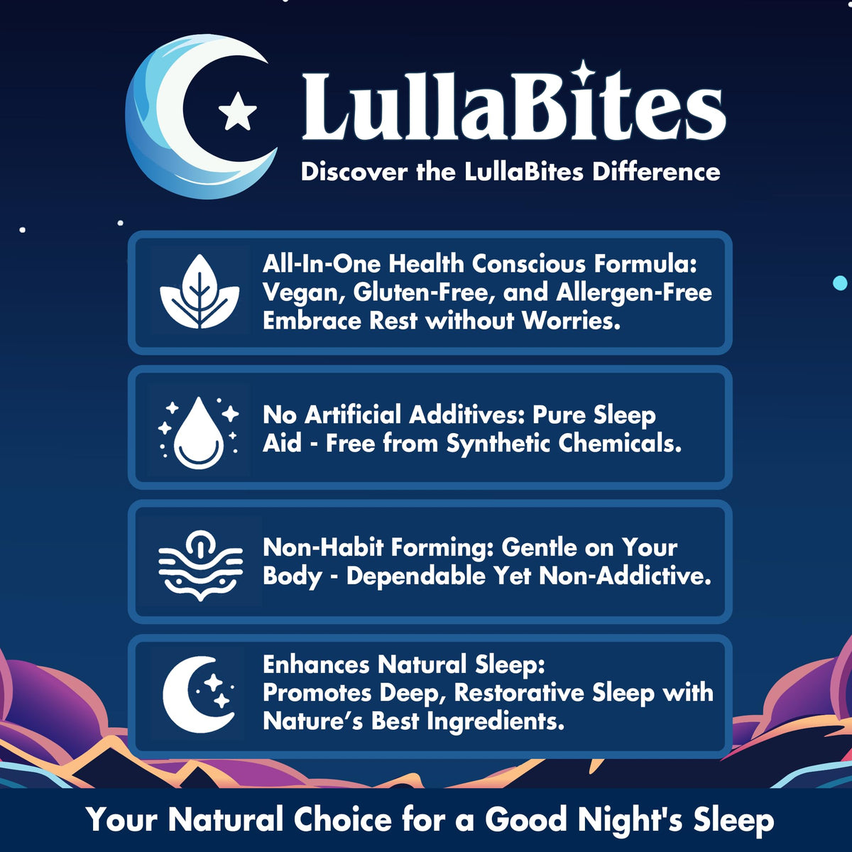 LullaBites sugar free sleep aid tin container displaying gluten free and halal badges