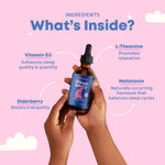 JoySpring Sleepberry liquid drops displayed next to fresh elderberries highlighting immune system benefits