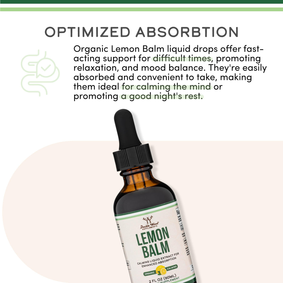 Side angle view of Double Wood alcohol free lemon balm tincture for relaxation
