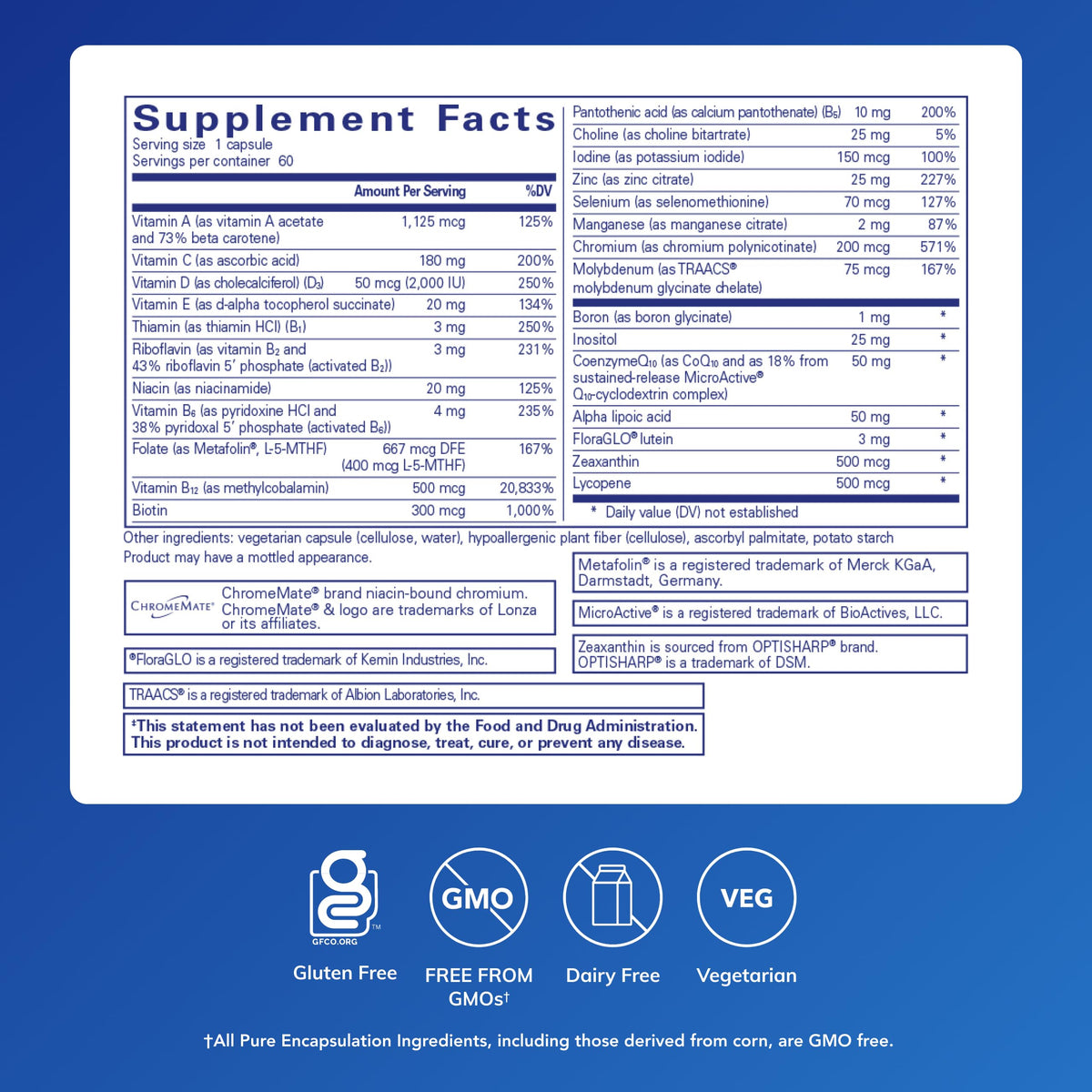 Pure Encapsulations O.N.E. Multivitamin nutritional supplement label details
