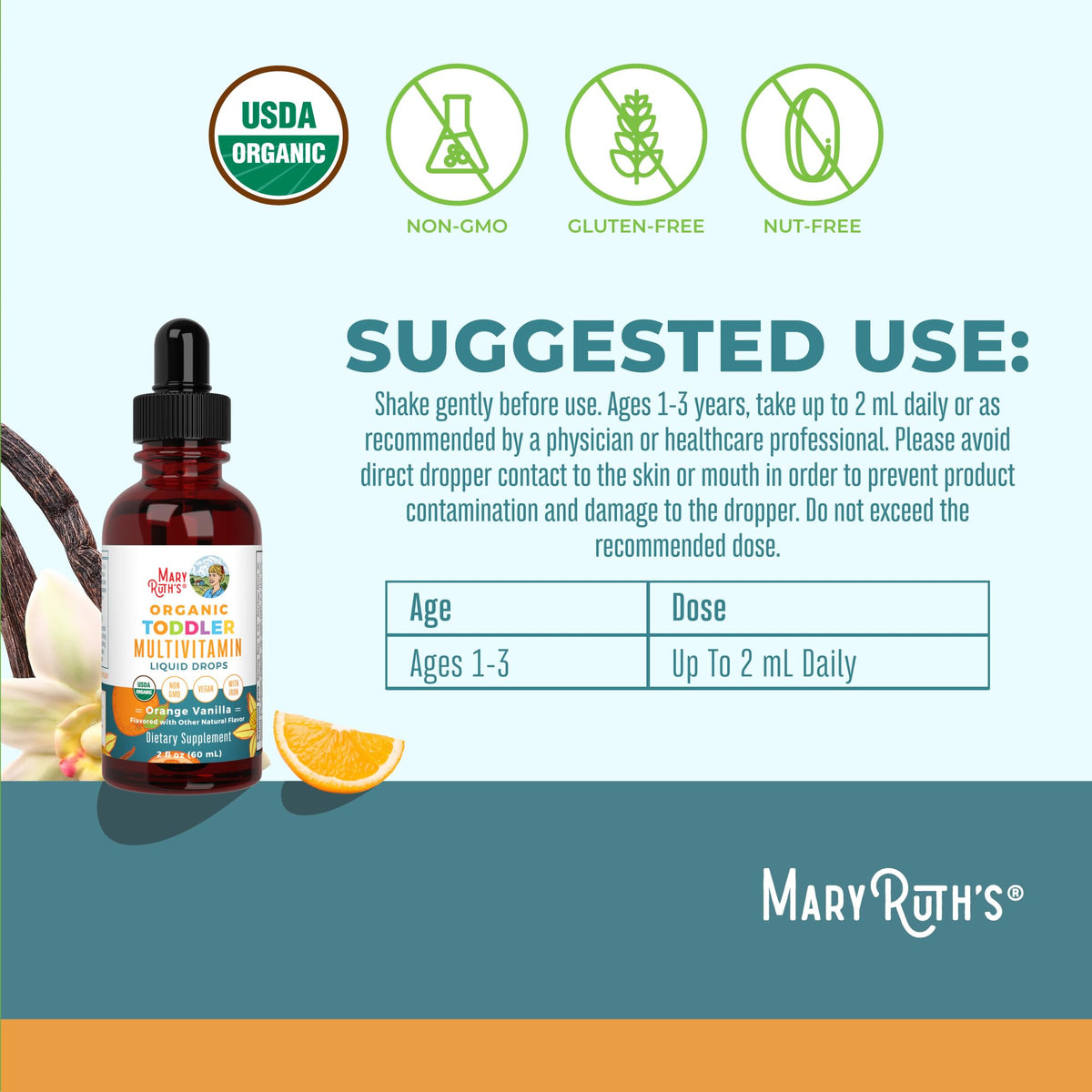 Toddler multivitamin orange vanilla liquid drops nutrition label