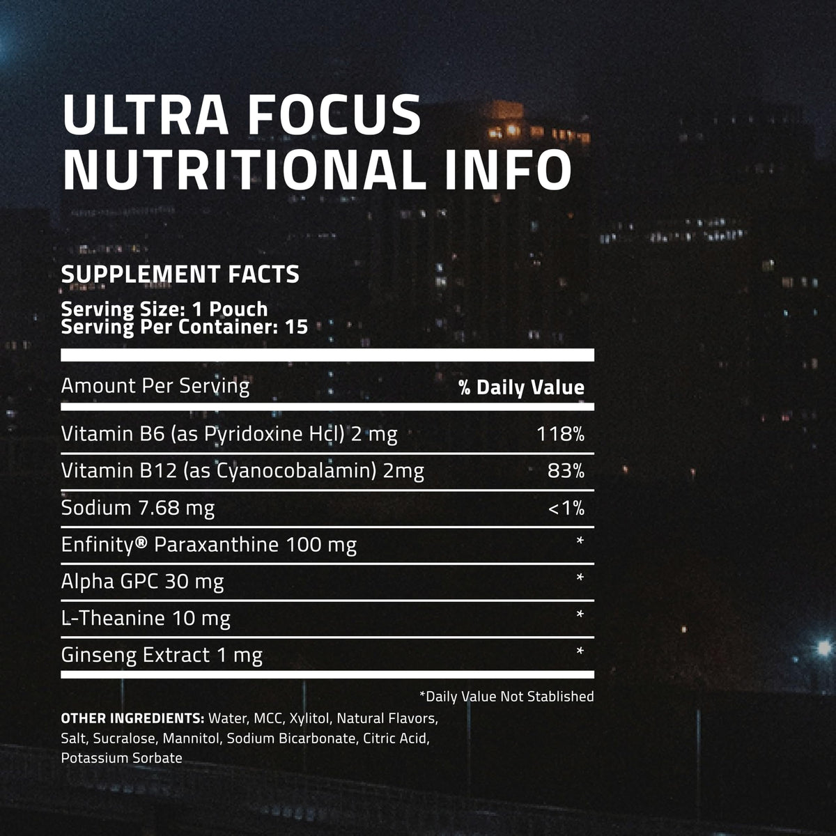 Ingredients list on Ultra Focus pouches container