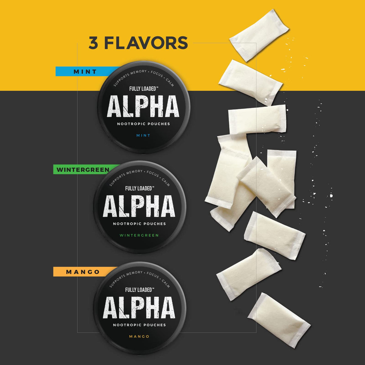 Close up of Fully Loaded Alpha Nootropic Mint Pouch can labeling