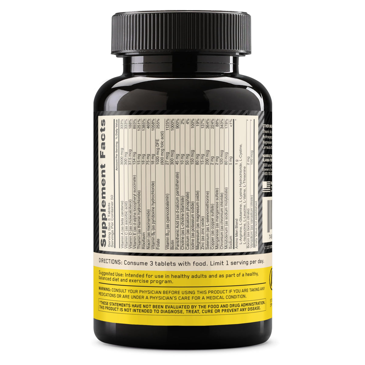 Back side of Optimum Nutrition Opti-Men bottle showing ingredients