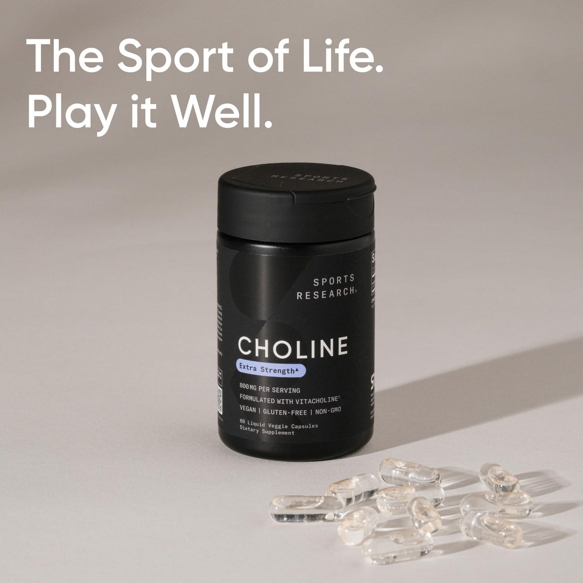 Close up of Sports Research Extra Strength Choline 800mg branding