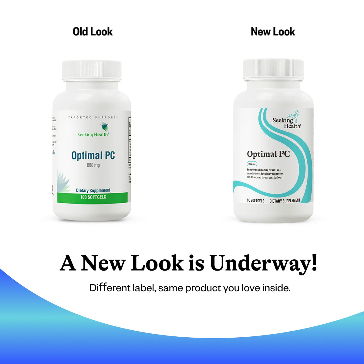 Seeking Health Optimal PC premium softgel capsules bottle showing the manufacturer information and verified safety seals.