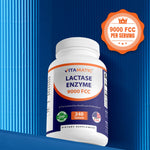 Vitamatic 9000 FCC food chemical codex strength lactase caplets for adult digestive health.