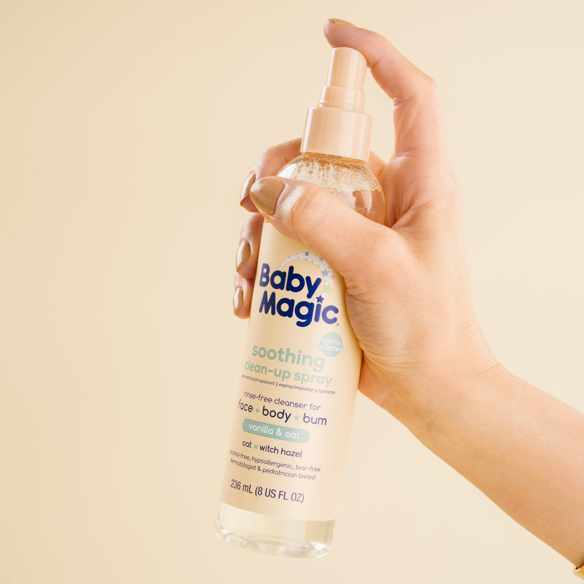 Rinse free baby cleaning spray bottle back panel directions and instructions