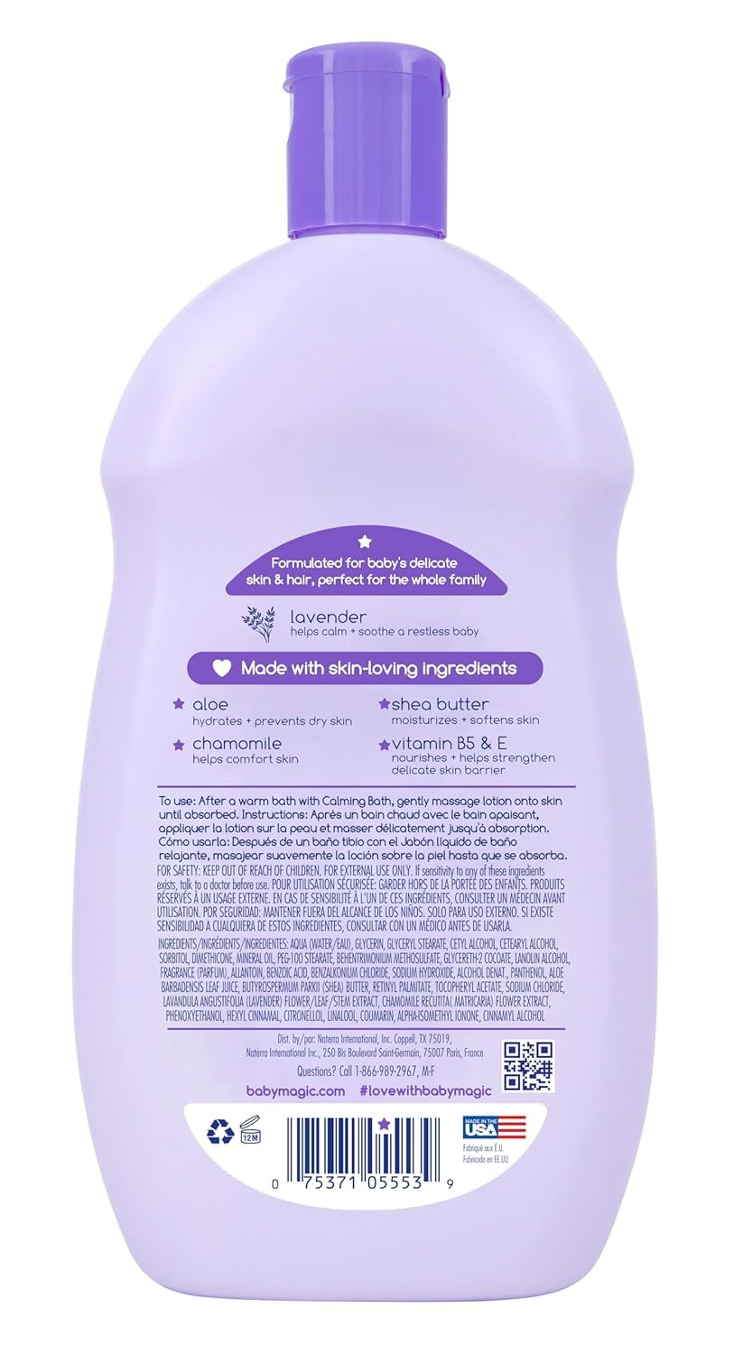 Hypoallergenic lavender baby shampoo and soap bottle back label view