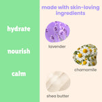 Calming lavender scent baby bath bottle showing product information