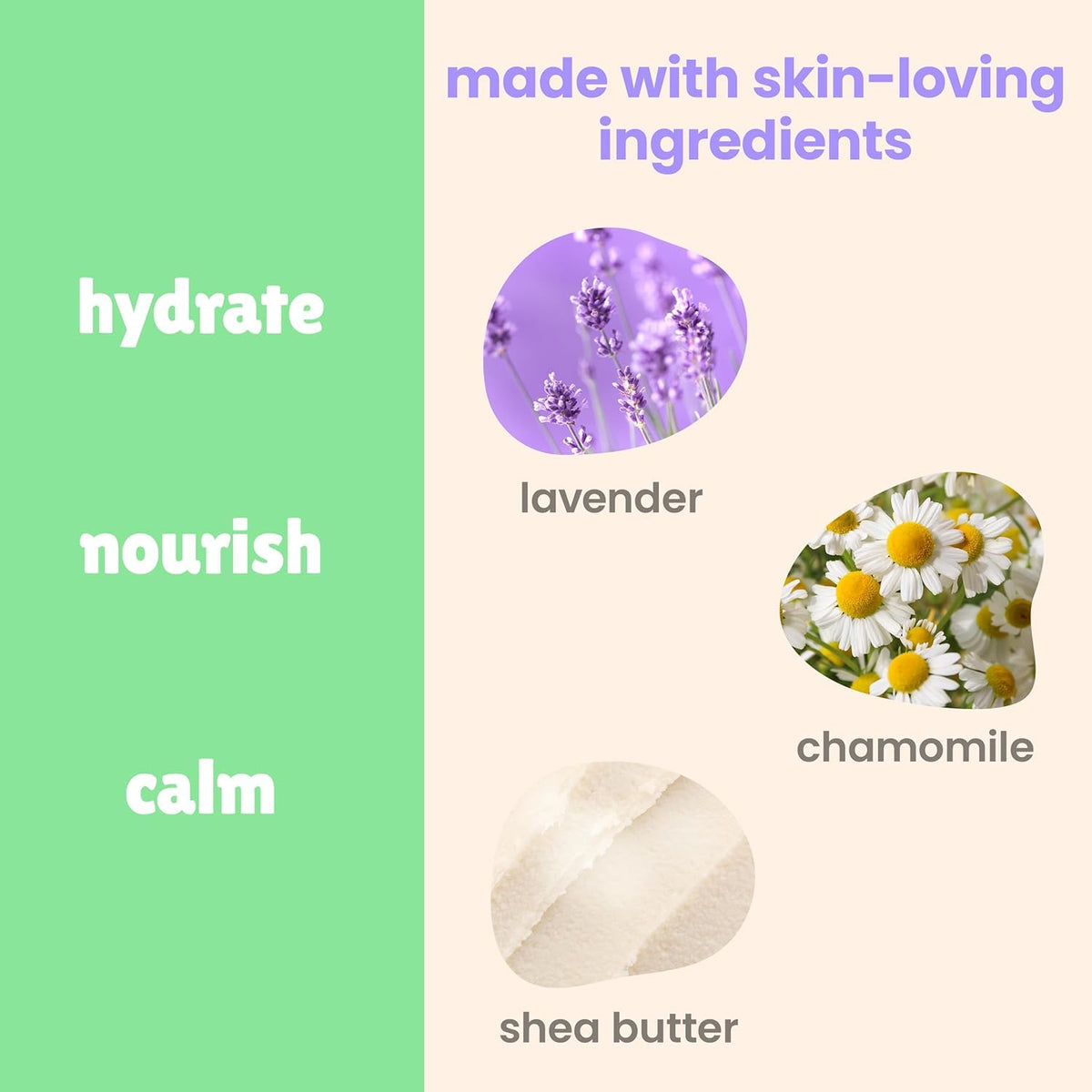 Calming lavender scent baby bath bottle showing product information