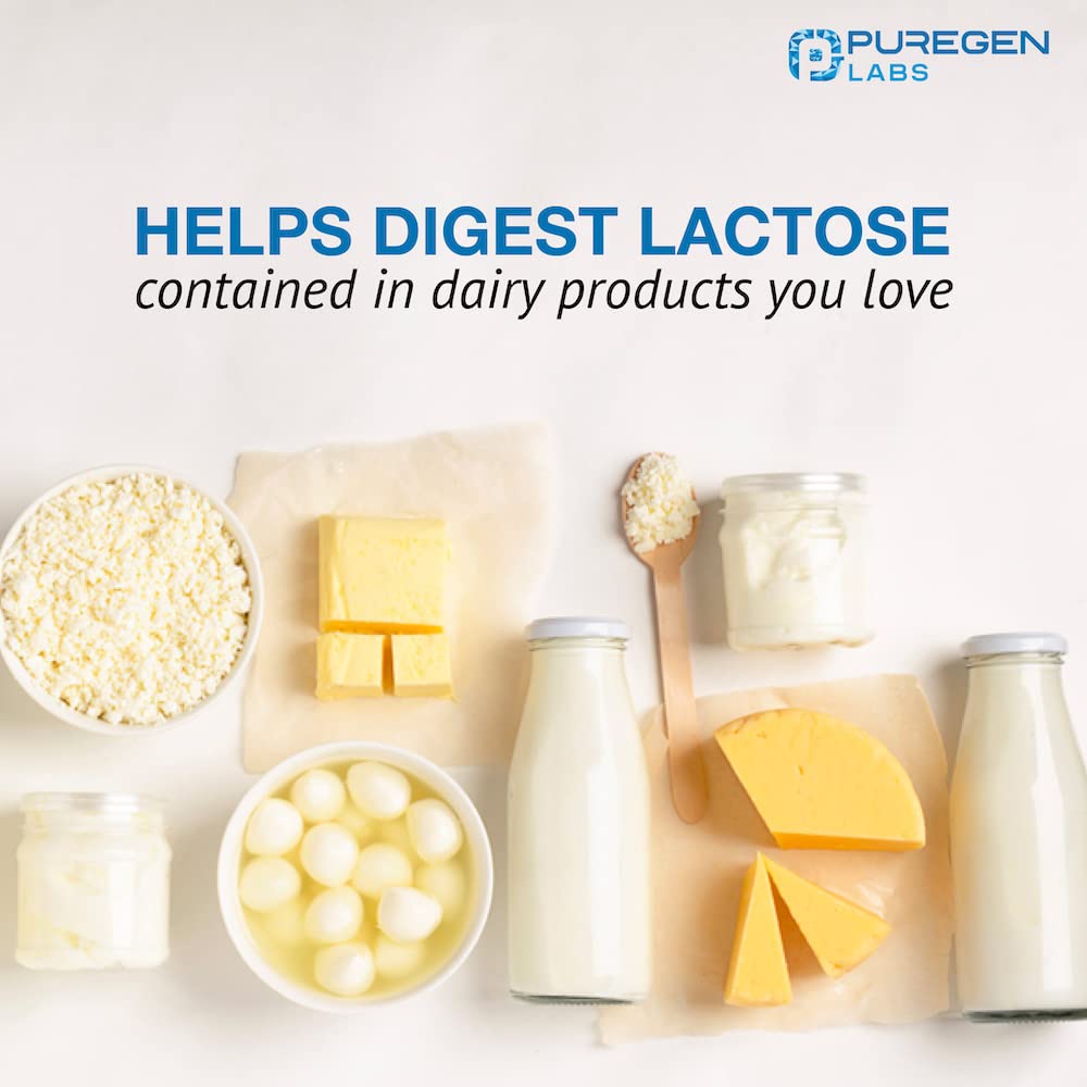 Puregen Labs Lactase Enzyme dietary supplement bottle closure and premium packaging for dairy relief