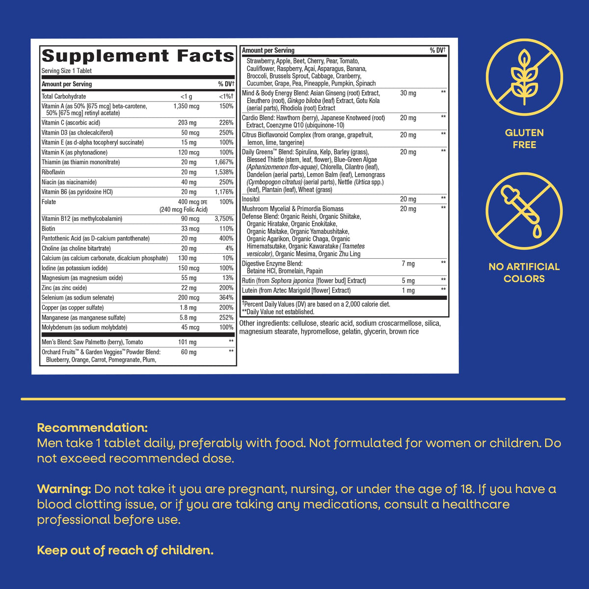 Nature's Way Alive Men's 50 Plus Daily Ultra Multivitamin side view detailing brain and heart health support.
