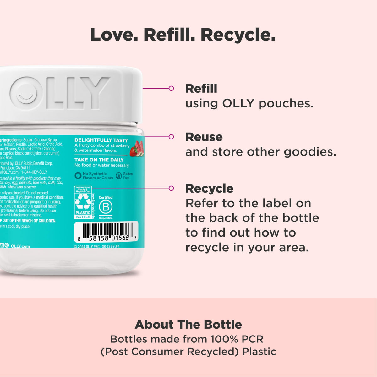 Top angle view of the purple container lid with safety seal on the OLLY daily wellness supplement.