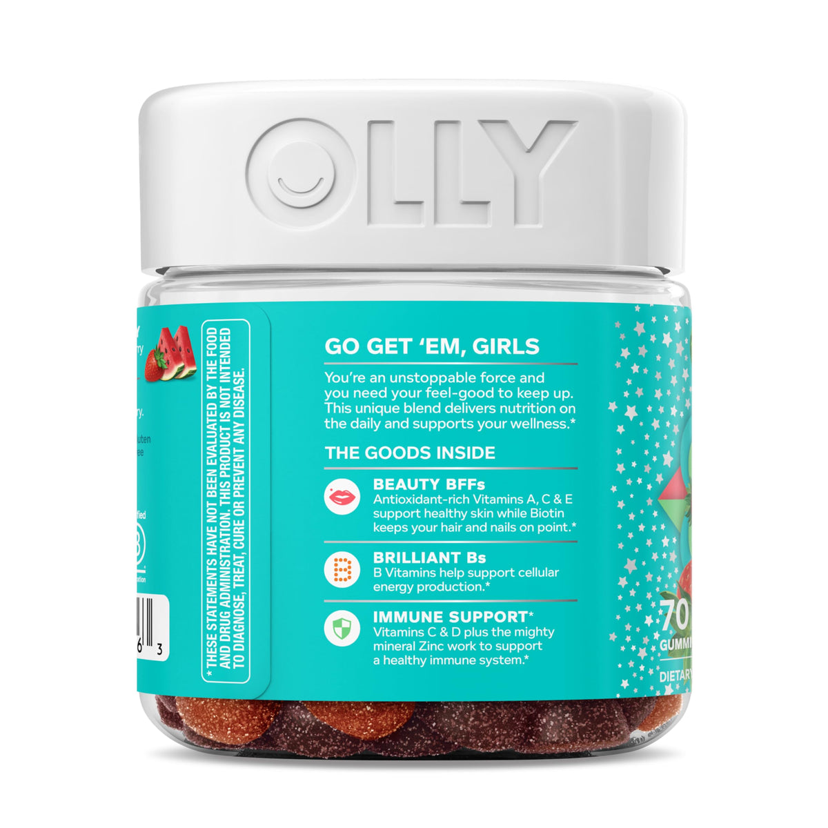 OLLY skincare and immune defense dietary supplements nutrition facts panel highlighting vitamins A C D E and zinc.