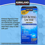 Kirkland Signature natural dairy digestive supplement showing individually wrapped single dose caplets close up.