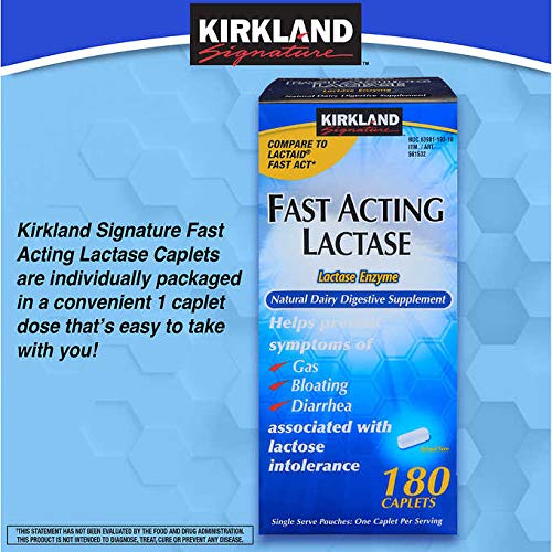 Kirkland Signature natural dairy digestive supplement showing individually wrapped single dose caplets close up.