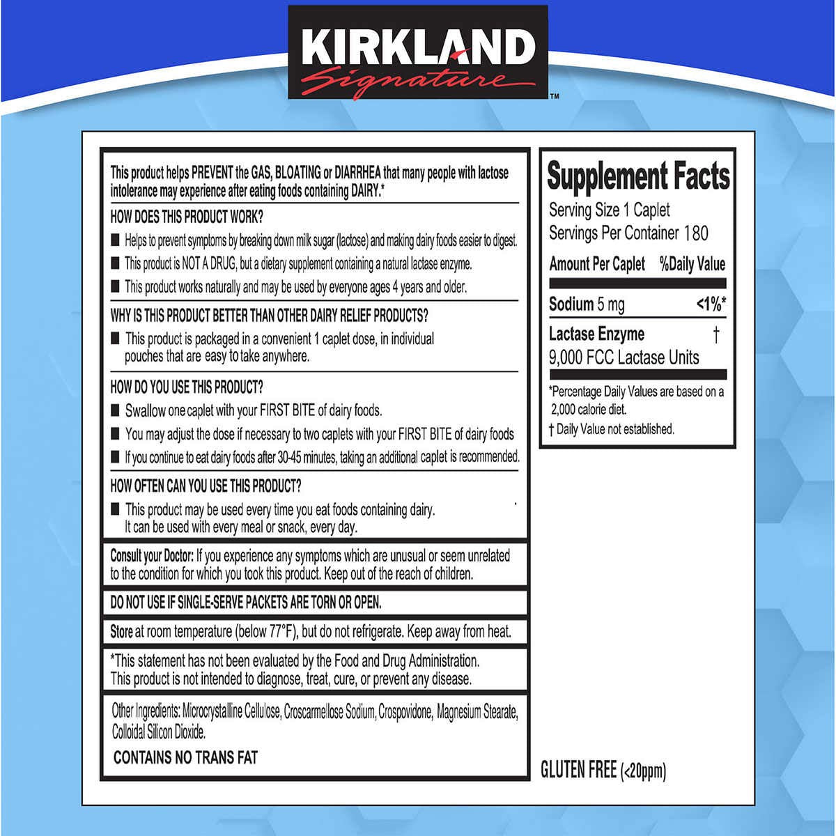 Kirkland Signature fast acting lactase enzyme supplement facts label and directions for use visual.