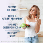 Vegetarian digestive support capsule formula showing ingredient supplement facts label.