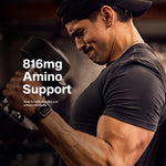 Close up view of nutritional supplement packaging detailing the amino support matrix