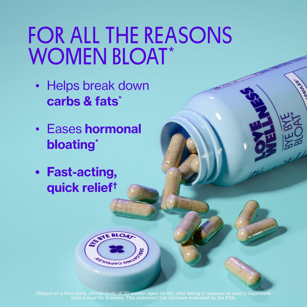 Love Wellness Bye Bye Bloat supplement bottle label displaying clean ingredients and digestive enzyme blend