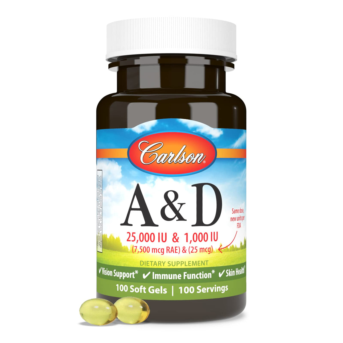 Close up of Carlson Vitamins A and D softgel supplement bottle