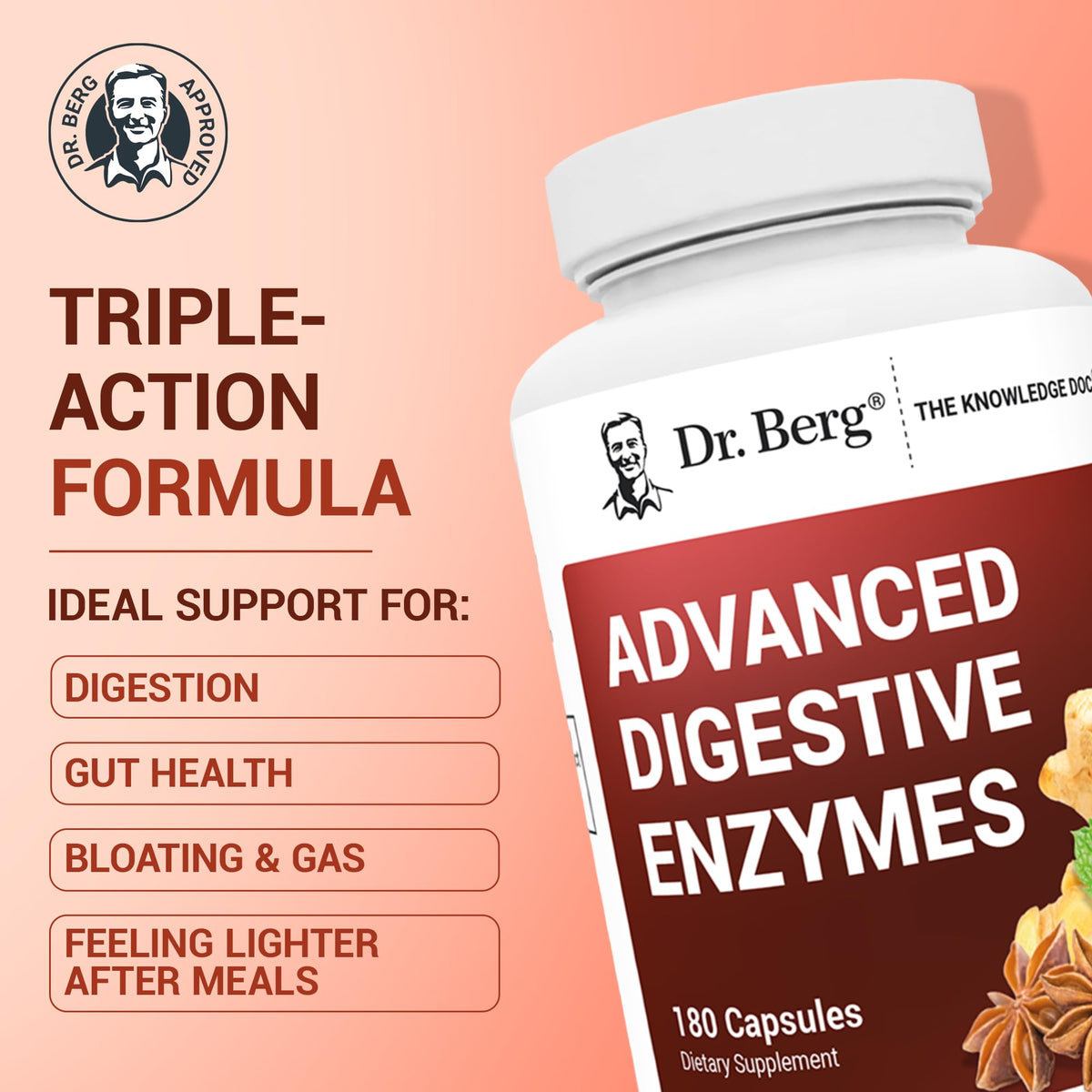 Dr Berg Advanced Digestive Enzymes packaging showing supplement facts and 200mg Betaine HCl