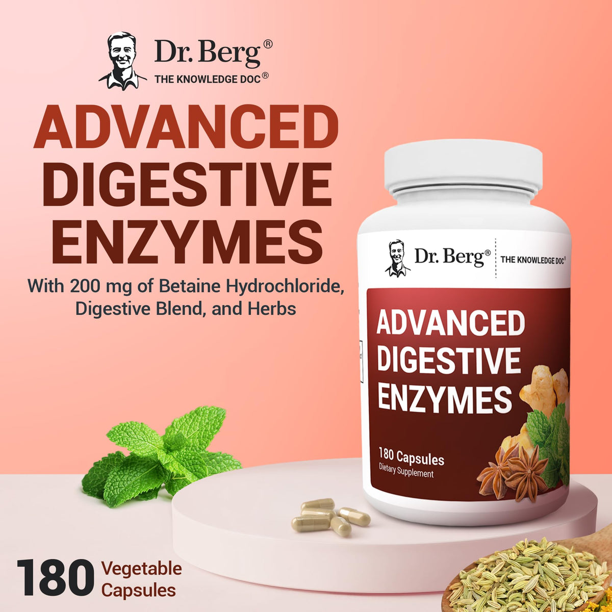 Dr Berg Nutritionals digestive support supplement 180 count bottle for bloating relief