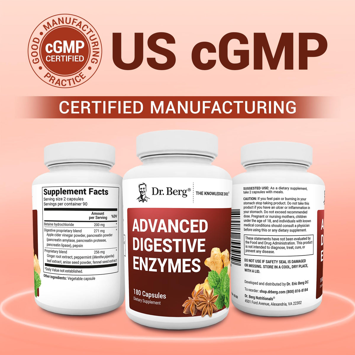 Authentic Dr Berg Advanced Digestive Enzymes imported bottle showcasing ingredients list