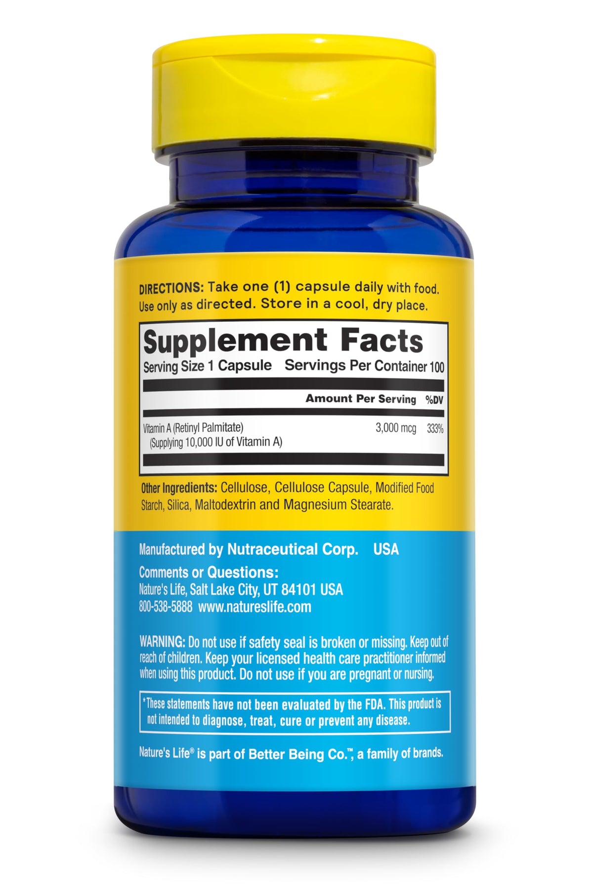 Supplement facts and ingredient list side view on the bottle of Nature's Life Vitamin A capsules