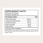 Thorne Advanced Digestive Enzymes supplement panel view detailing betaine hydrochloride pepsin and ox bile ingredients