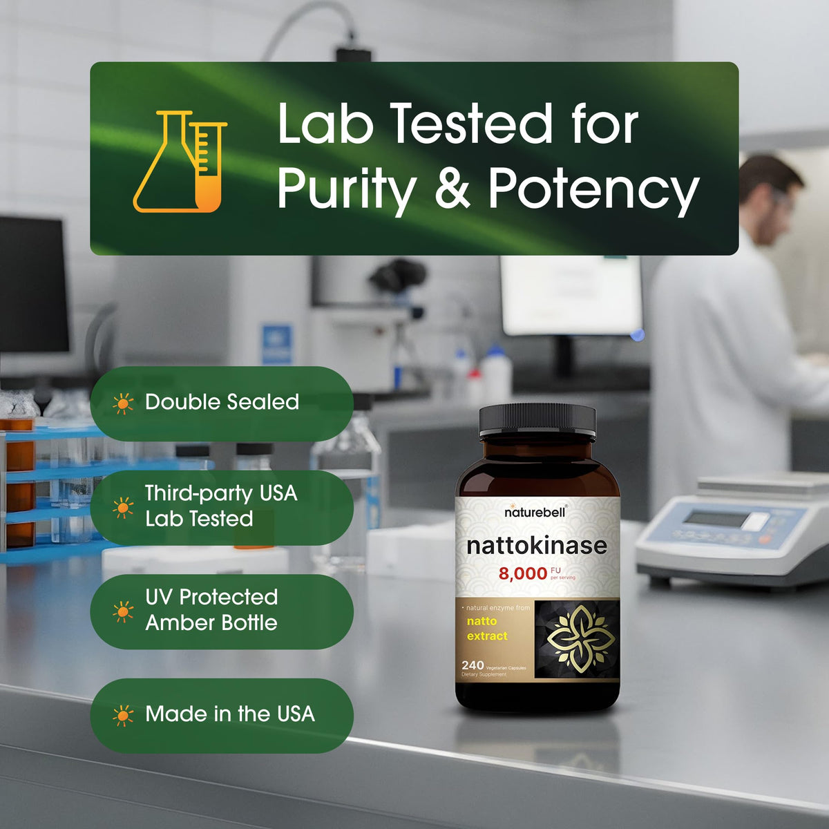 NatureBell heart health supplement packaging highlighting the 8000 Fibrinolytic Units dosage