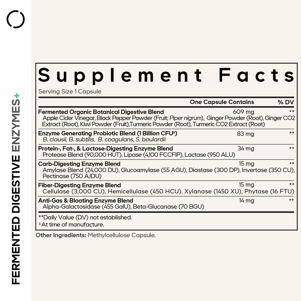 Codeage Fermented Digestive Enzymes supplement facts showing 14 food enzymes and probiotic blend