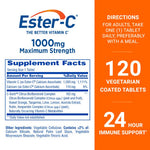Ester-C 1000 mg bottle showing non acidic and stomach friendly label specifications