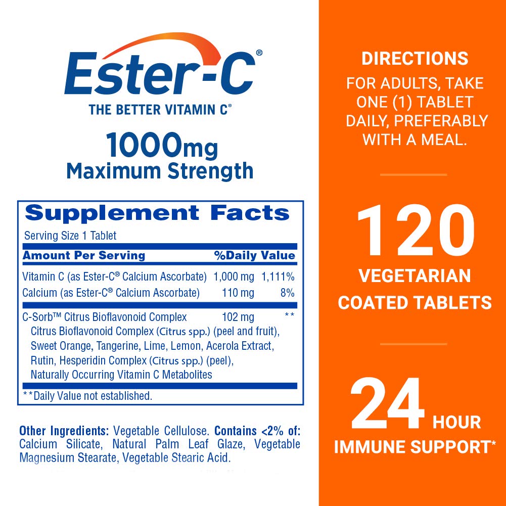 Ester-C 1000 mg bottle showing non acidic and stomach friendly label specifications