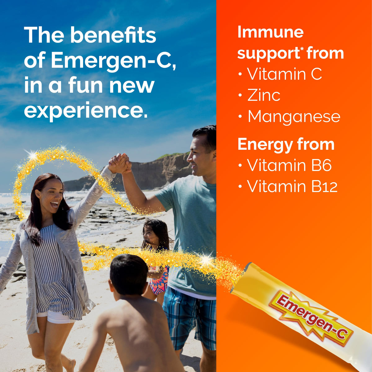 Emergen-C Orange Vitality waterless immune support supplement packaging details