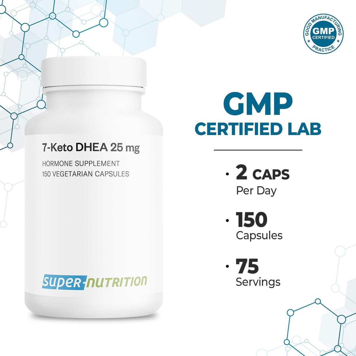Supersmart brand 7-Keto DHEA dietary supplement bottle close up shot.