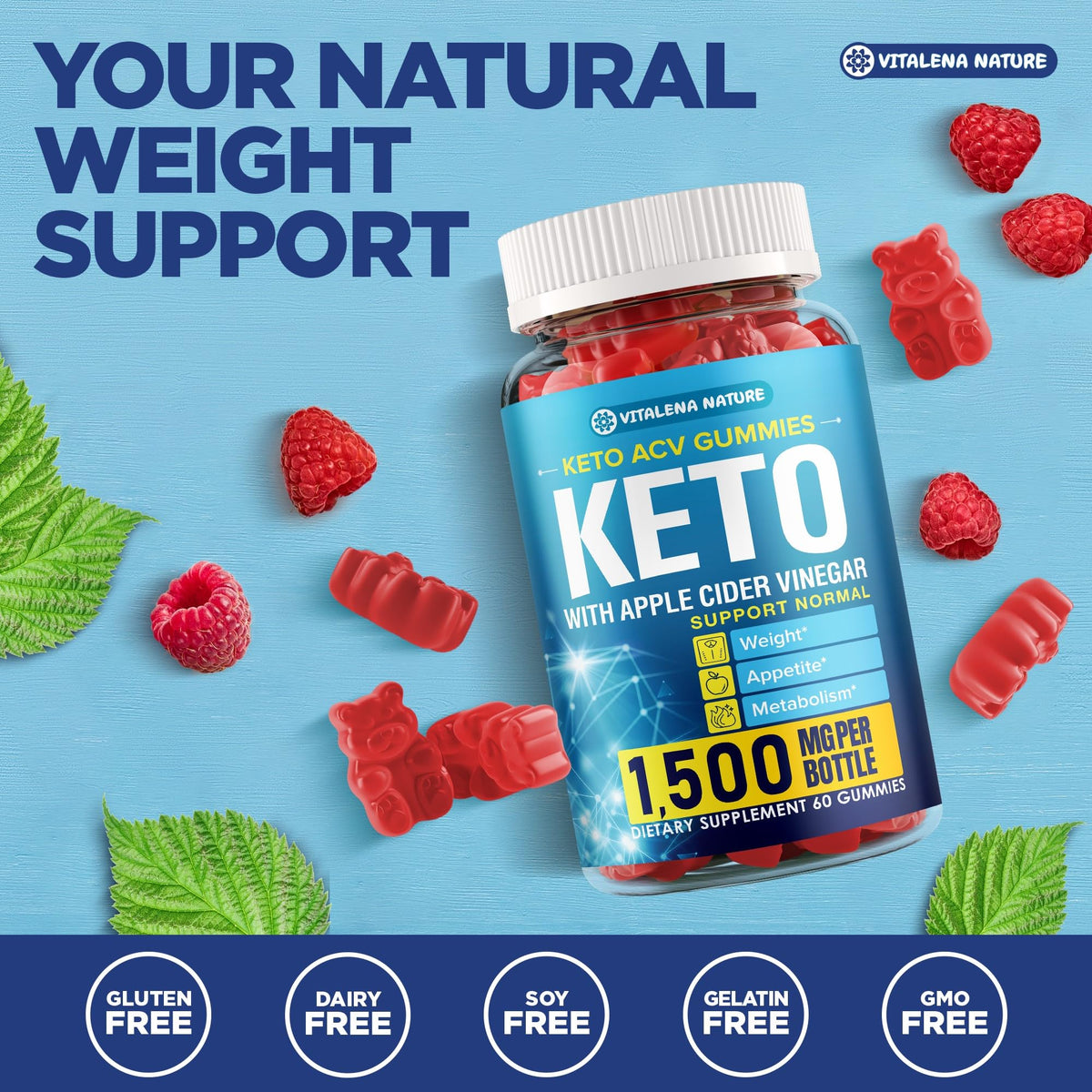 Complete packaging view of Vitalena Nature Keto ACV Burn snack gummies displaying lifestyle usage instructions.