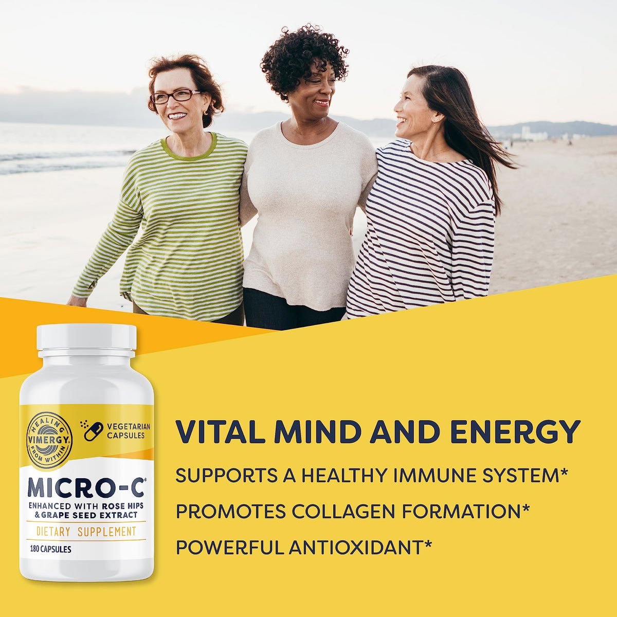 Side angle view of Vimergy Micro C supplement bottle displaying supplement facts, clean ingredients, and allergen warning labels.