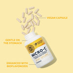 Vimergy Micro C immune support dietary supplement bottle placed standing on a clean surface with text highlighting the rose hips blend.
