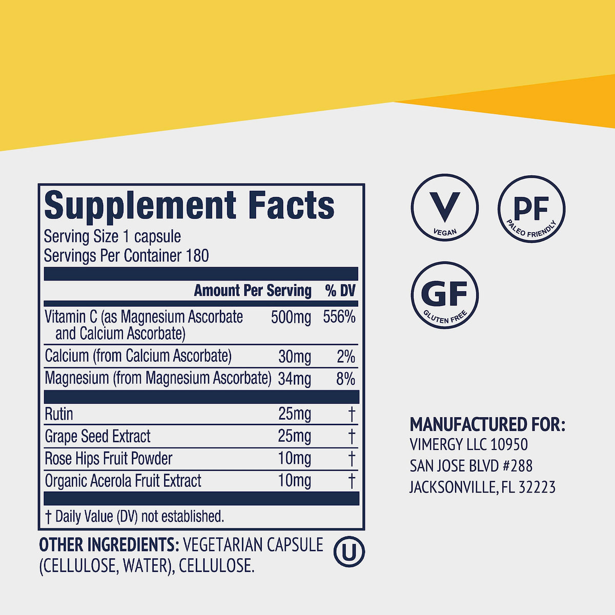 Close up of the back label on Vimergy Micro C 180 count bottle detailing the serving size, calcium ascorbate blend, and usage directions.