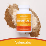 Lifestyle shot of Paleovalley whole food vitamin C capsules highlighting clean label ingredients and paleo friendliness.