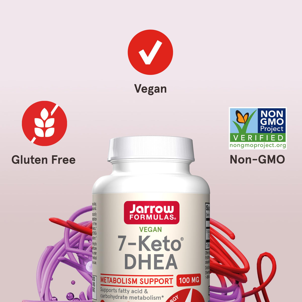 Close up view of the non-GMO and gluten free certifications on Jarrow Formulas 7-Keto DHEA bottle