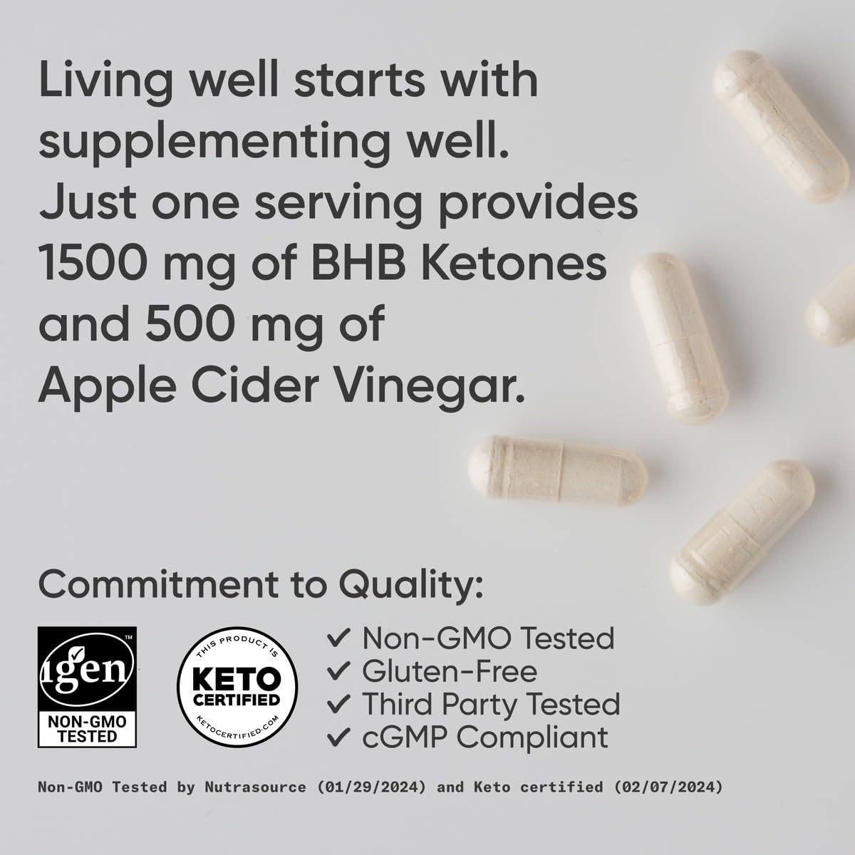 Close up of the non GMO and gluten free certifications on the Sports Research Keto Plus bottle.