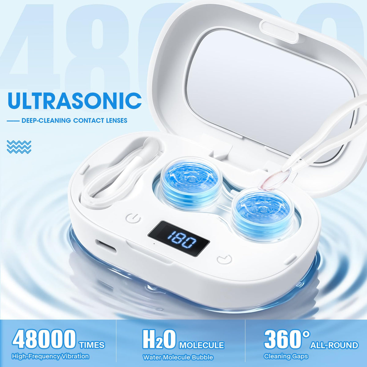 Pink ultrasonic contact lens washer demonstrating the USB Type C charging port layout