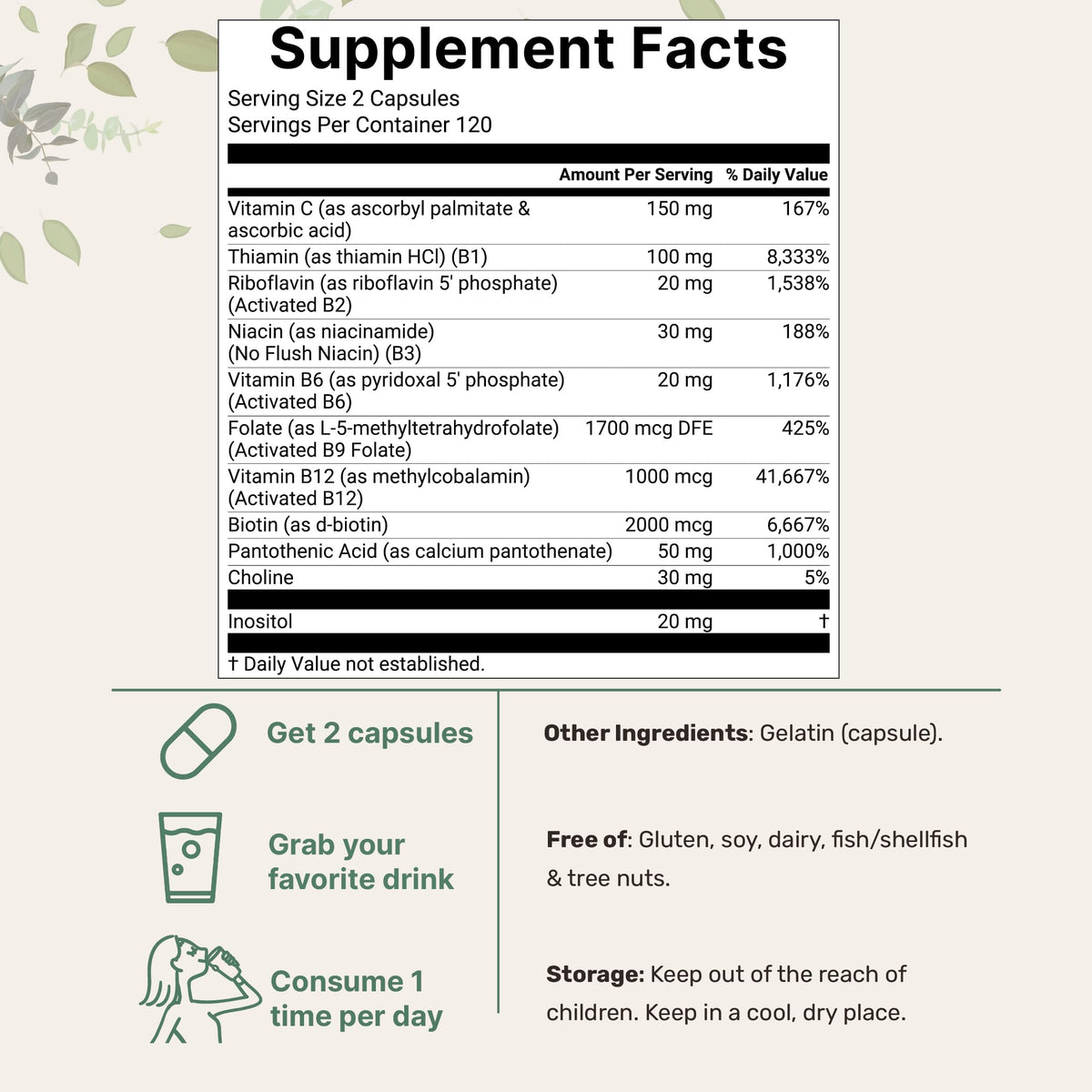 Micro Ingredients Methylated B complex vitamins active ingredient listing side label view.