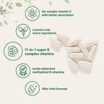 Premium bioavailable vitamin B complex capsules with methylfolate and methylcobalamin packaging.